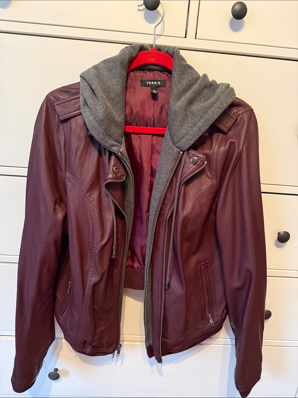 torrid Burgundy Faux Leather Jacket with Gray Hooded Liner